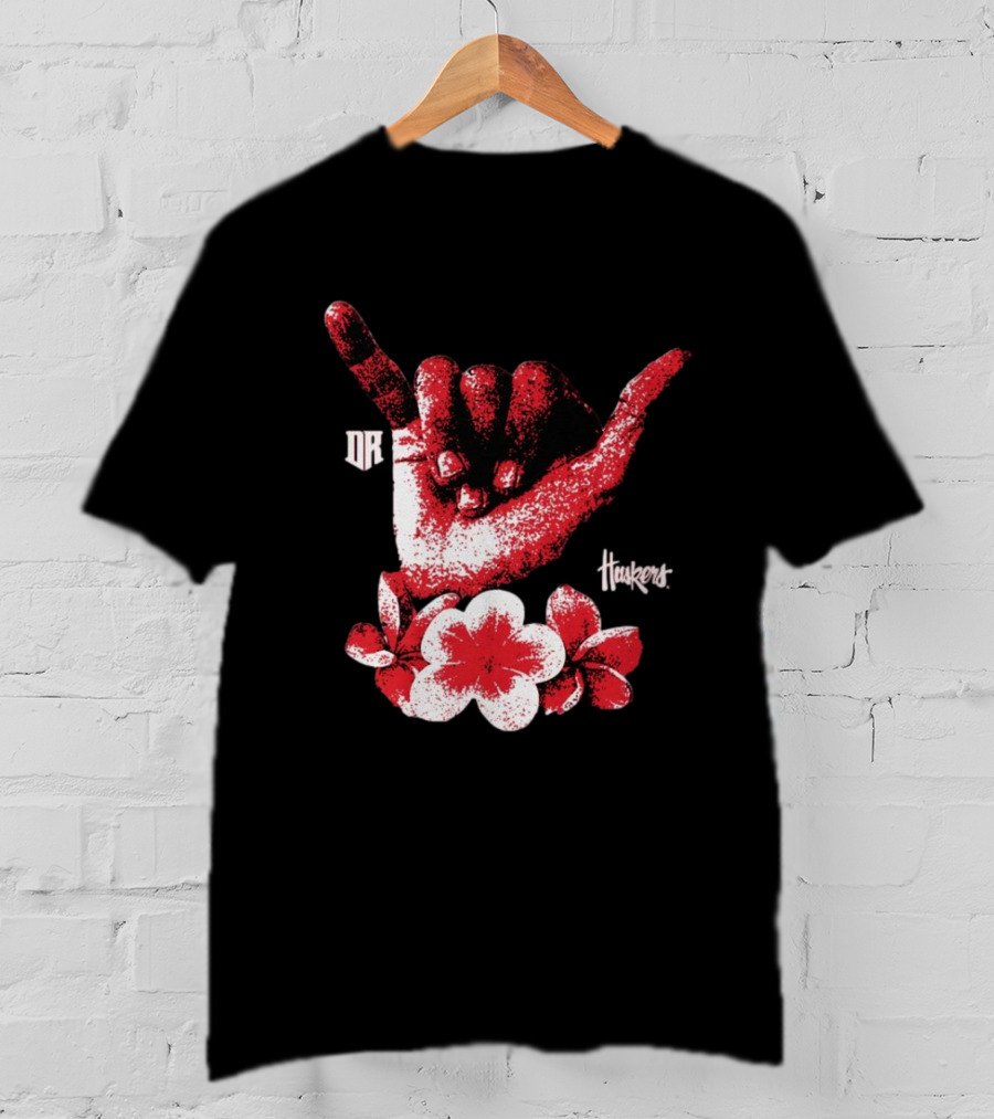 DR Huskers Shaka Hand Red And White Flowers T-Shirt