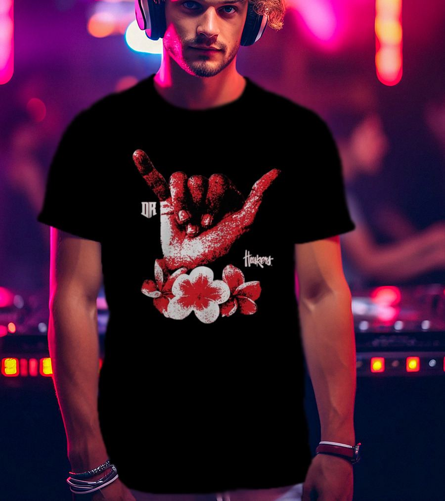 DR Huskers Shaka Hand Red And White Flowers T-Shirt