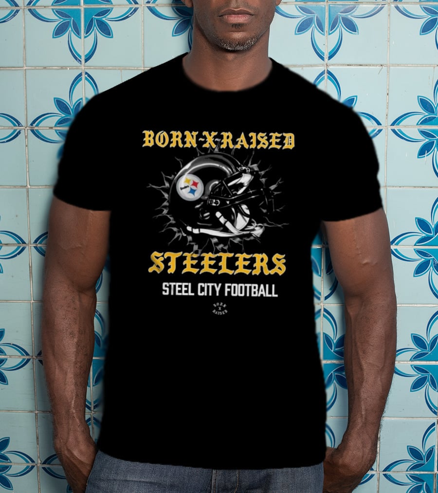 Born X Raised Steelers Steel City Football Helmet T-Shirt