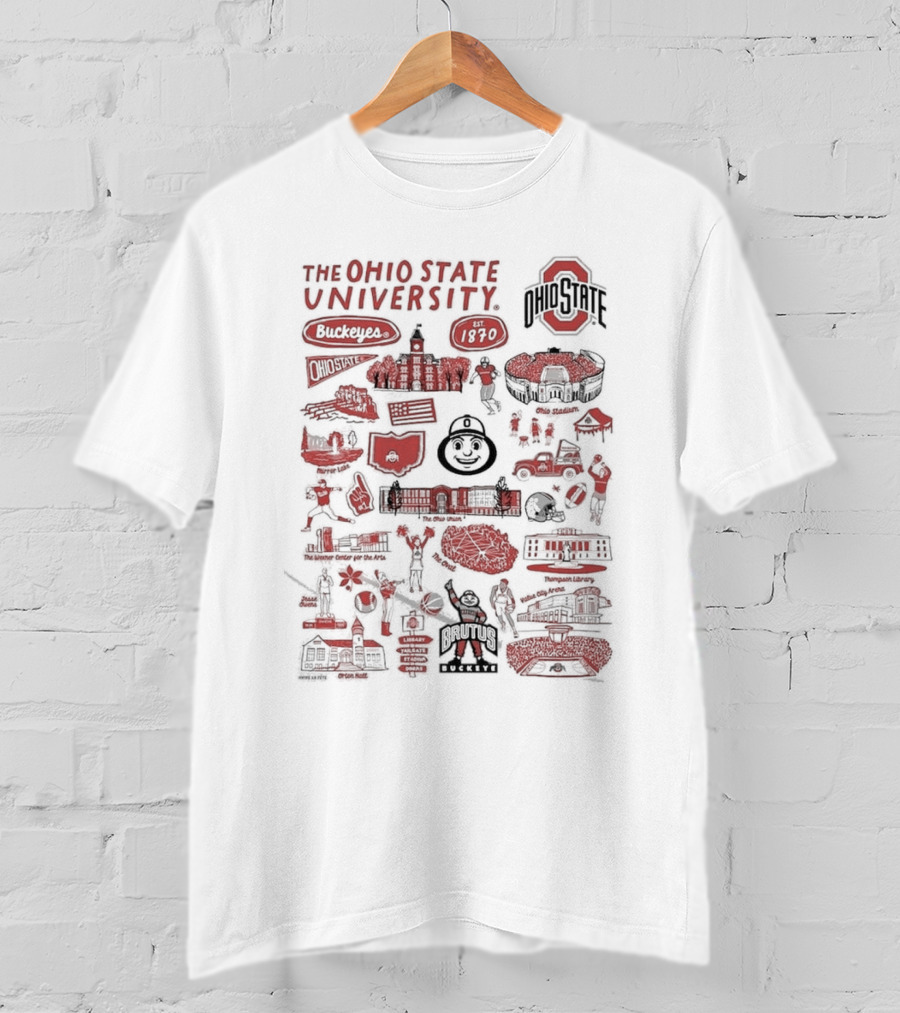 The Ohio State University Buckeyes Brutus Buckeye Est 1870 Scarlet And Gray Landmarks Montage T-Shirt