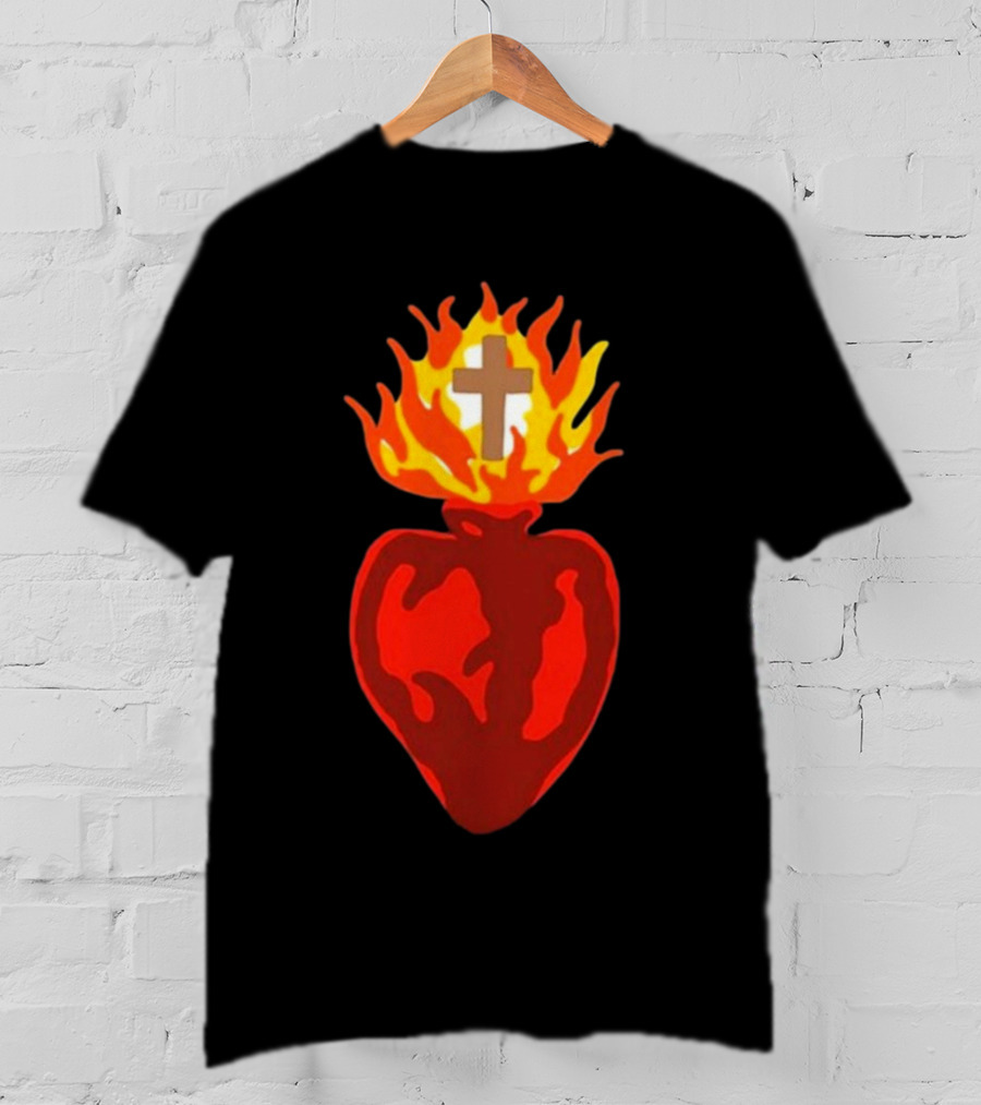B Lake Sacred Heart Love Of God Cross Flame T-Shirt