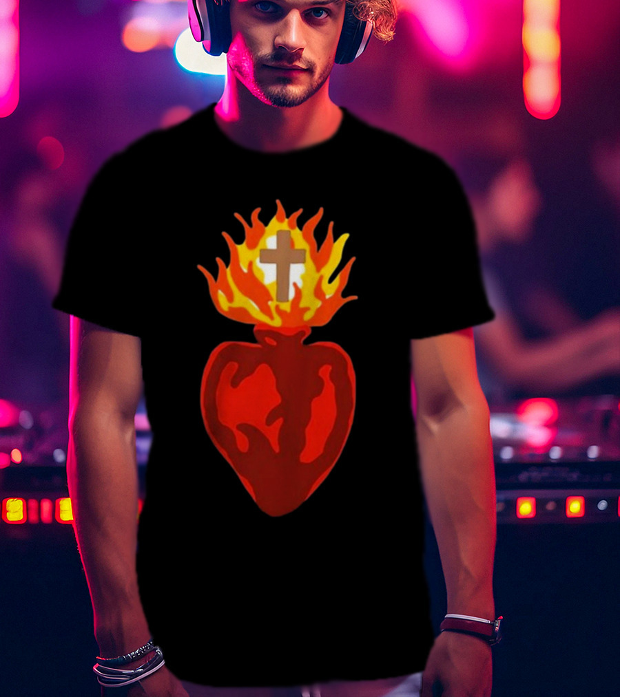 B Lake Sacred Heart Love Of God Cross Flame T-Shirt