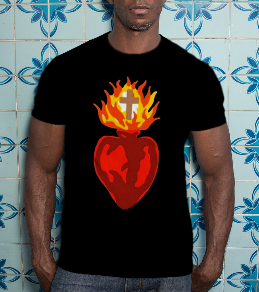 B Lake Sacred Heart Love Of God Cross Flame T-Shirt