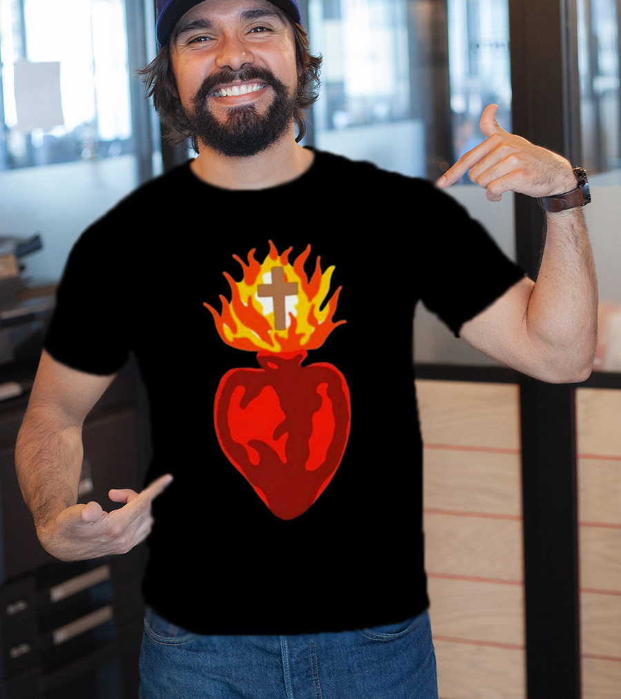 B Lake Sacred Heart Love Of God Cross Flame T-Shirt