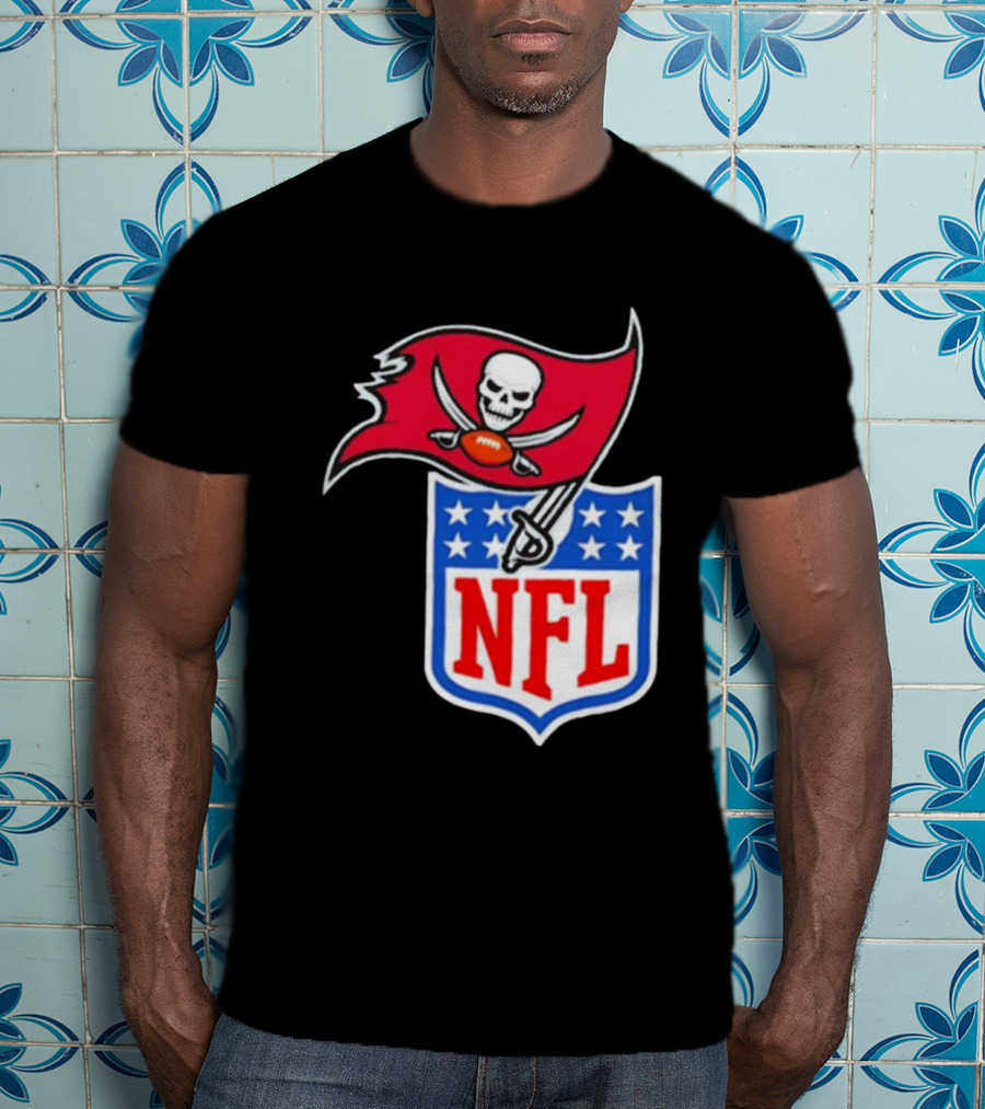 Tampa Bay Buccaneers NFL Collaboration Logo With Pirate Flag And Shield T-Shirt