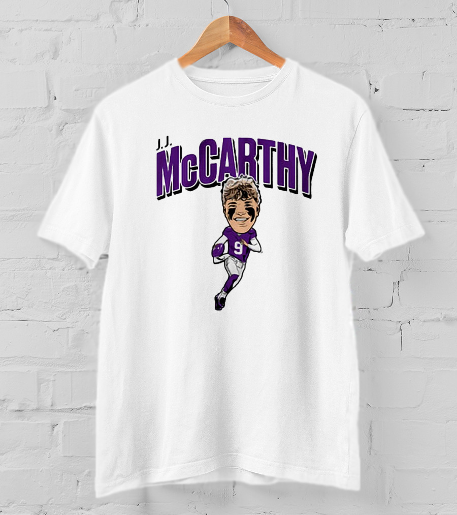 J.J. McCarthy 9 Running Quarterback Caricature T-Shirt
