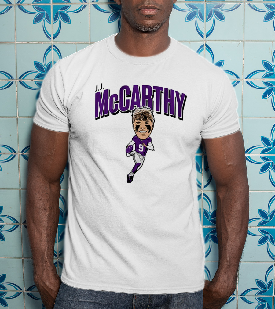 J.J. McCarthy 9 Running Quarterback Caricature T-Shirt