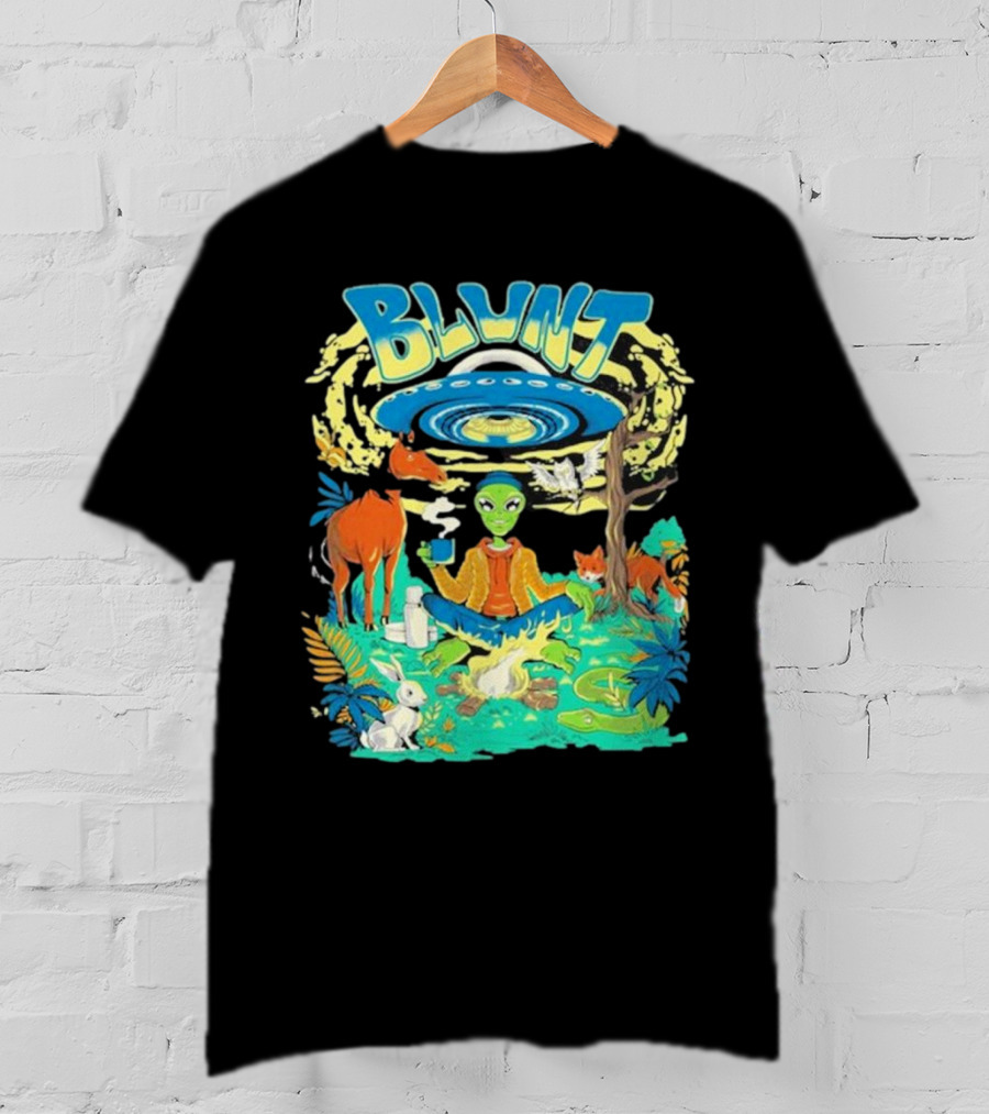 Blunt UFO Alien Smoking Forest Scene T-Shirt