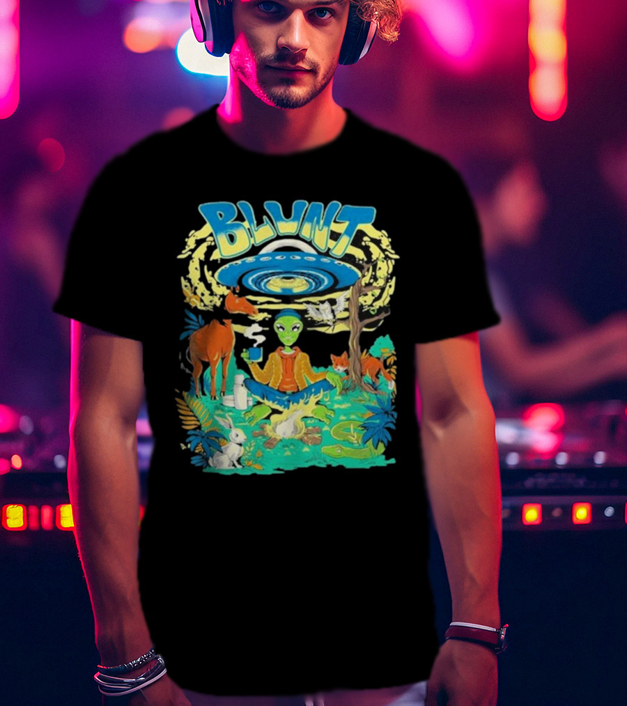 Blunt UFO Alien Smoking Forest Scene T-Shirt