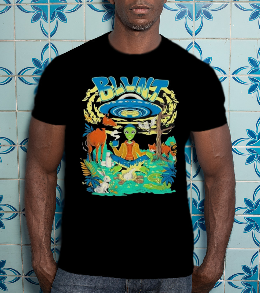 Blunt UFO Alien Smoking Forest Scene T-Shirt
