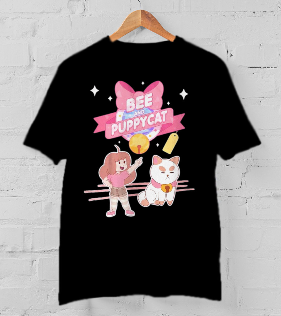 Bee And PuppyCat Cute Cartoon Characters With Pink Bow And Stars T-Shirt