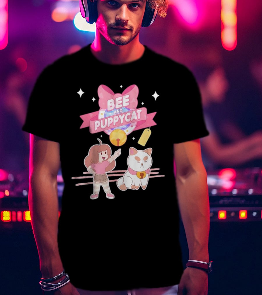 Bee And PuppyCat Cute Cartoon Characters With Pink Bow And Stars T-Shirt