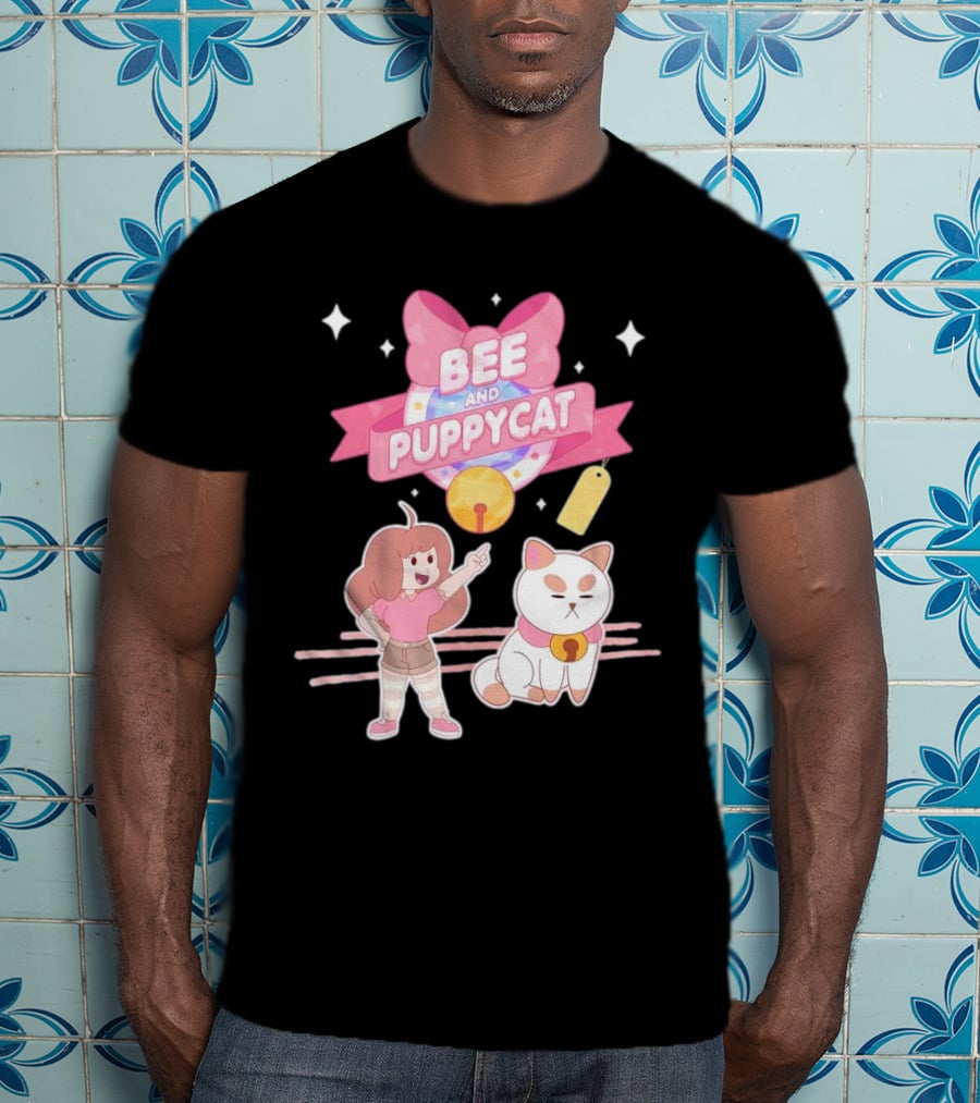 Bee And PuppyCat Cute Cartoon Characters With Pink Bow And Stars T-Shirt