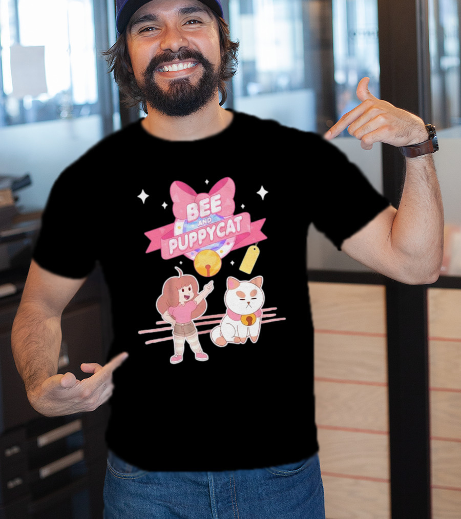 Bee And PuppyCat Cute Cartoon Characters With Pink Bow And Stars T-Shirt