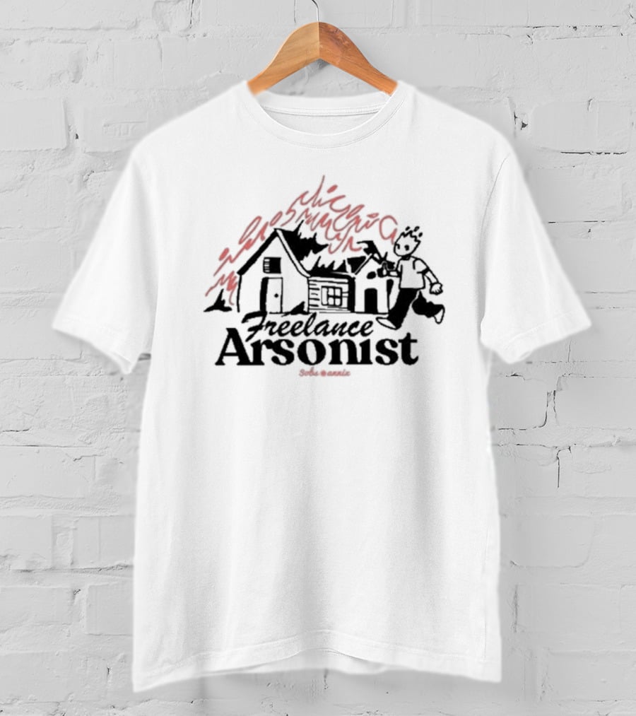 Freelance Arsonist Sobsannix Cartoon Running With Burning House T-Shirt