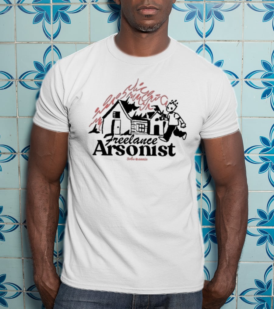 Freelance Arsonist Sobsannix Cartoon Running With Burning House T-Shirt