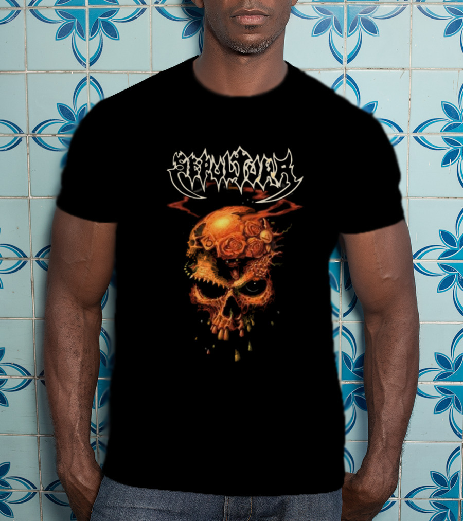Sepultura Beneath The Remains Skull Design With Roses And Flames T-Shirt