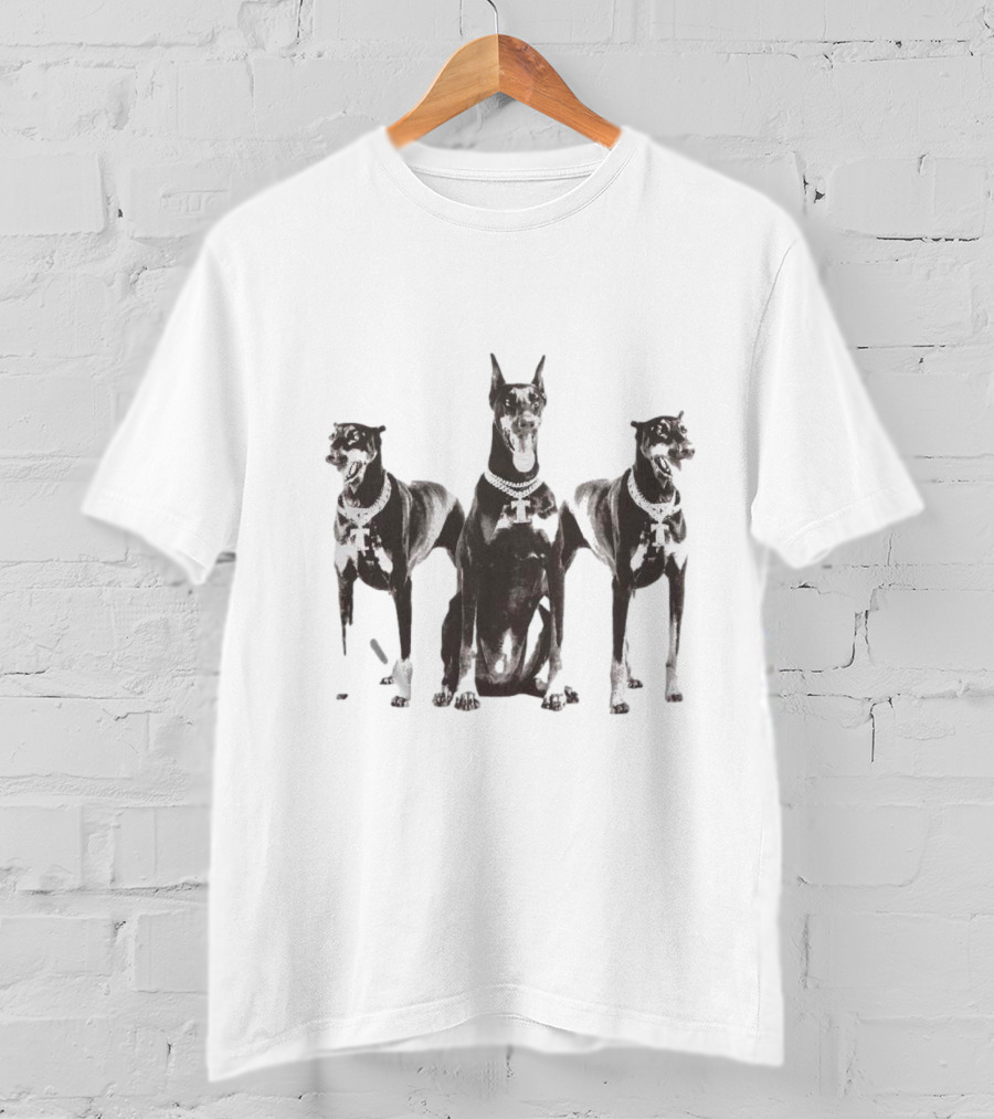 Doberman Dogs Trio In Black And White With Chain Collars T-Shirt