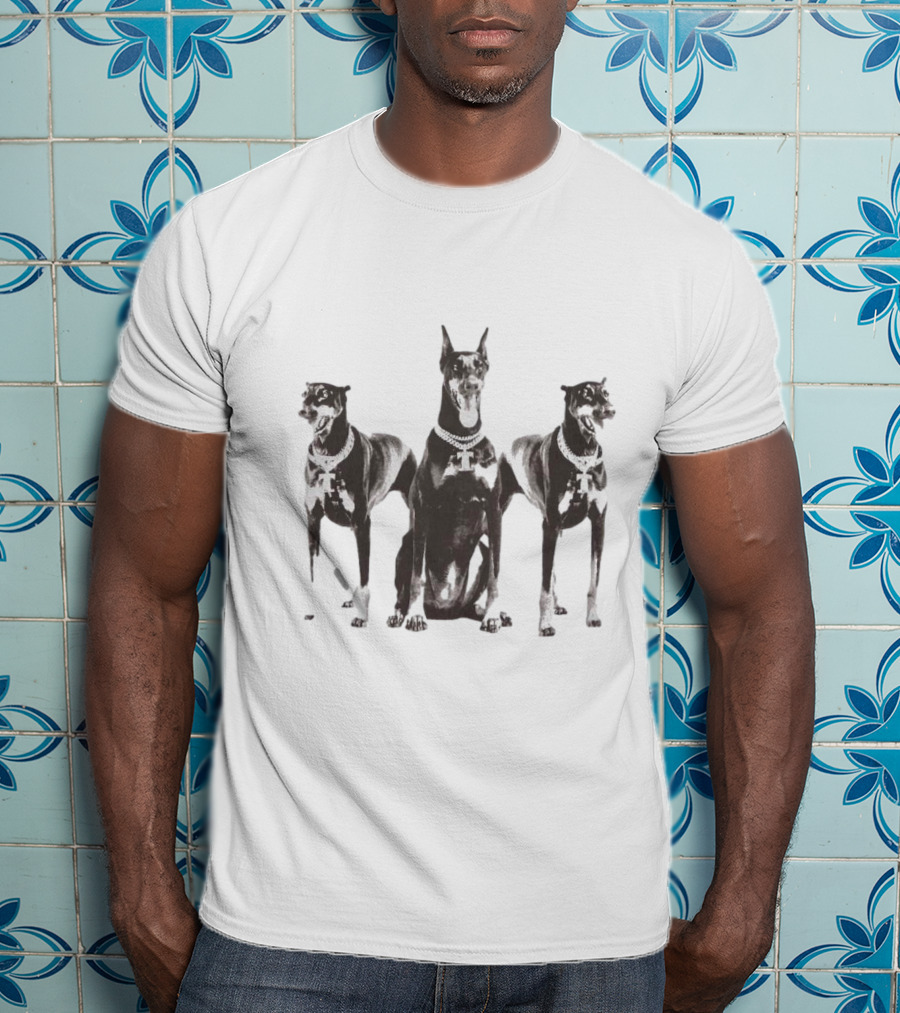 Doberman Dogs Trio In Black And White With Chain Collars T-Shirt