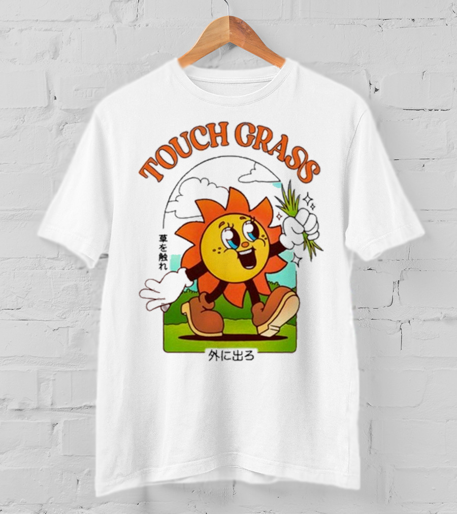 Touch Grass Retro Sun Character Outdoors Japanese Text T-Shirt