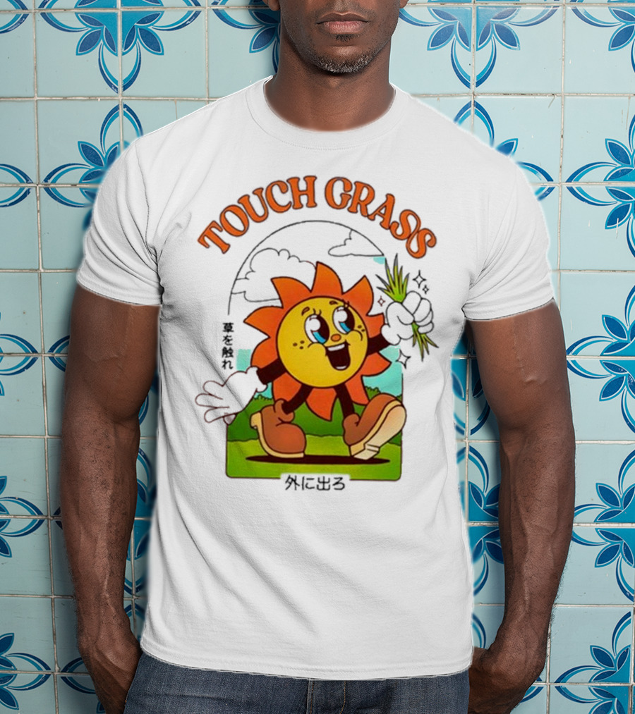 Touch Grass Retro Sun Character Outdoors Japanese Text T-Shirt
