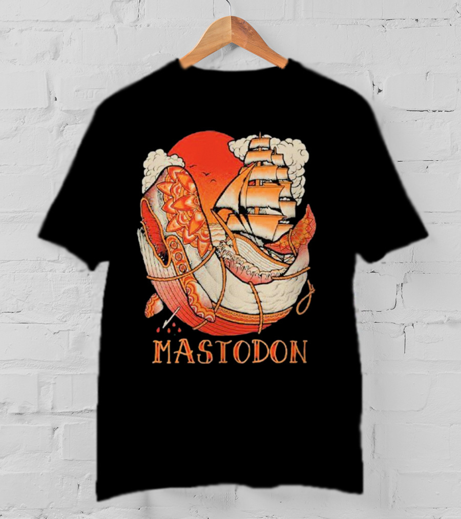 Mastodon Whale Tattoo Ship Against Red Sun T-Shirt