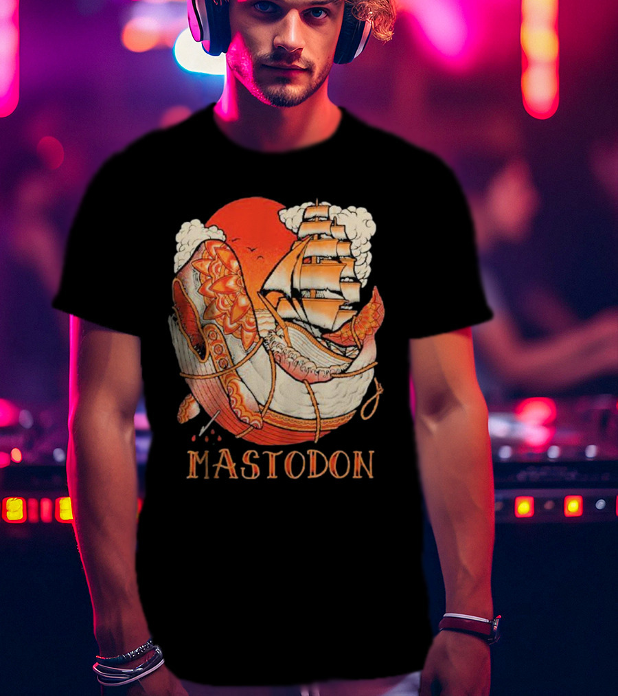 Mastodon Whale Tattoo Ship Against Red Sun T-Shirt