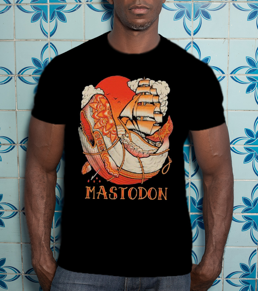 Mastodon Whale Tattoo Ship Against Red Sun T-Shirt