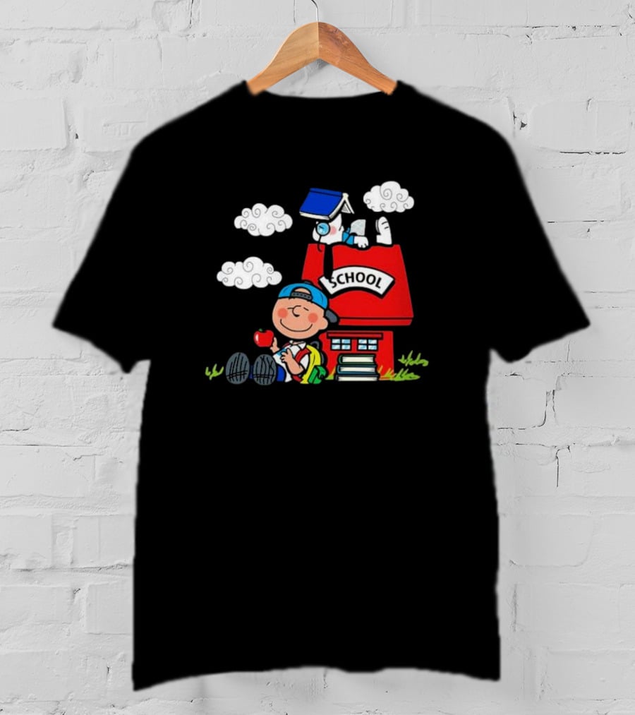 Snoopy School House With Backpack Apple And Clouds T-Shirt