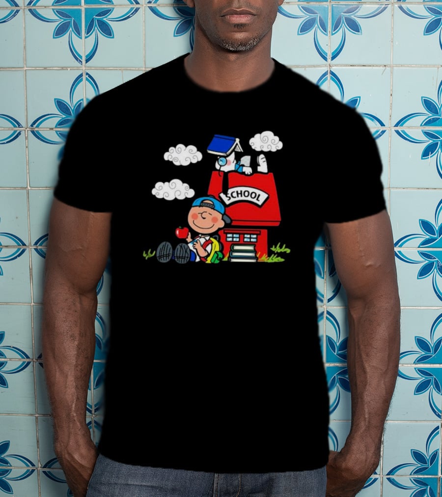 Snoopy School House With Backpack Apple And Clouds T-Shirt