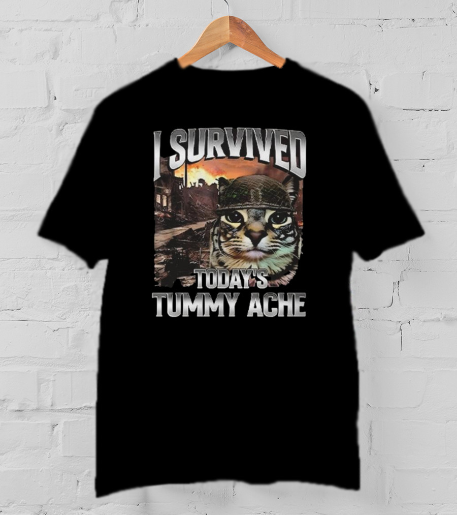 I Survived Today’s Tummy Ache Cat In Soldier Helmet With Warzone Background T-Shirt