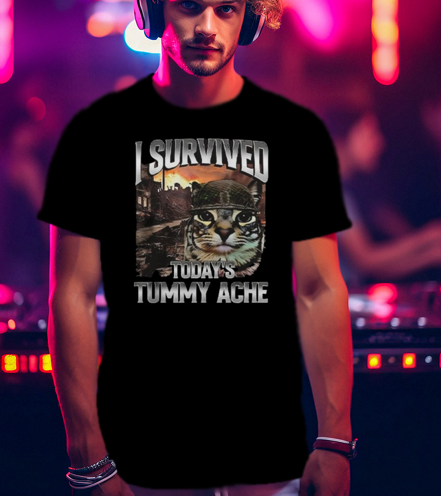 I Survived Today’s Tummy Ache Cat In Soldier Helmet With Warzone Background T-Shirt