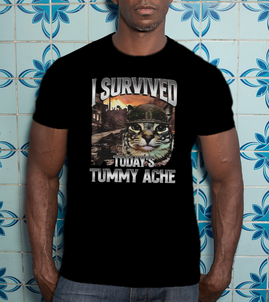 I Survived Today’s Tummy Ache Cat In Soldier Helmet With Warzone Background T-Shirt