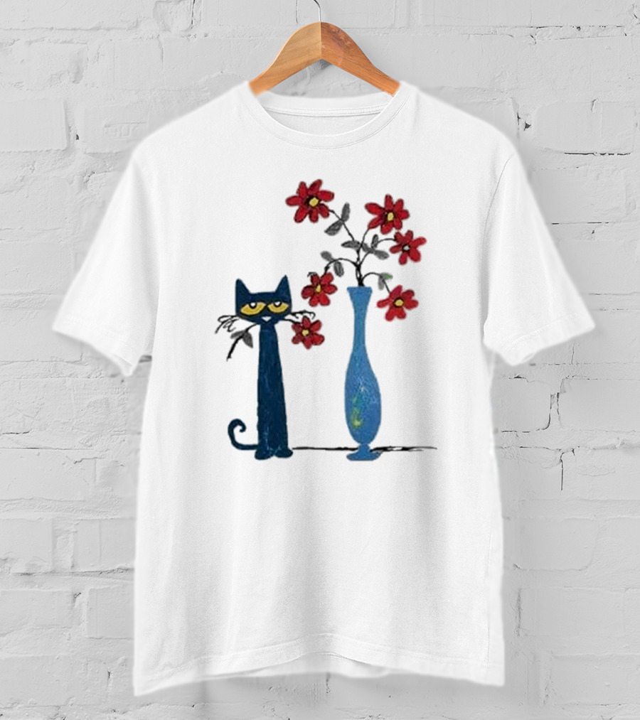 Pete The Cat And Red Flowers In Blue Vase T-Shirt