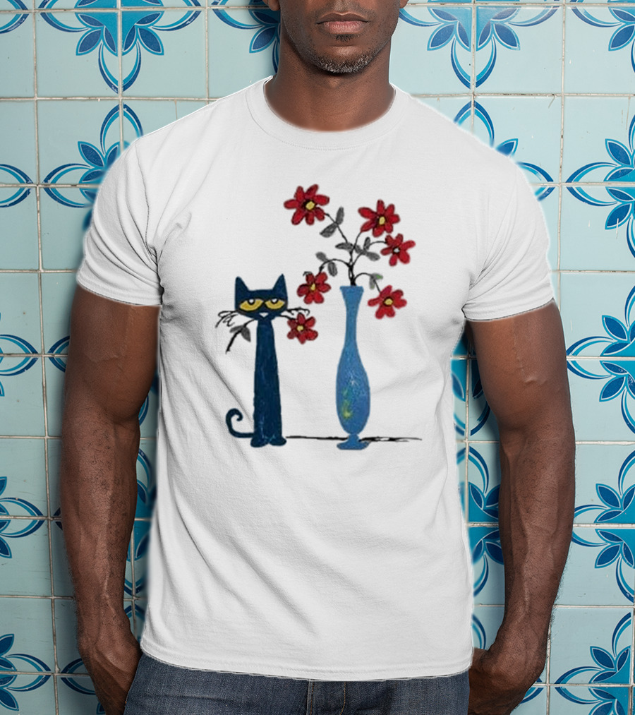 Pete The Cat And Red Flowers In Blue Vase T-Shirt