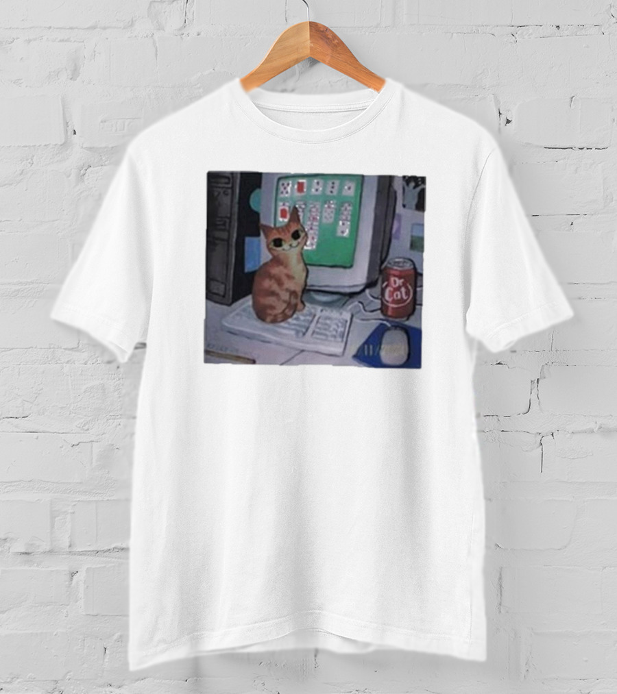 Solitaire Cat Drinking Dr Cat Next To Computer T-Shirt