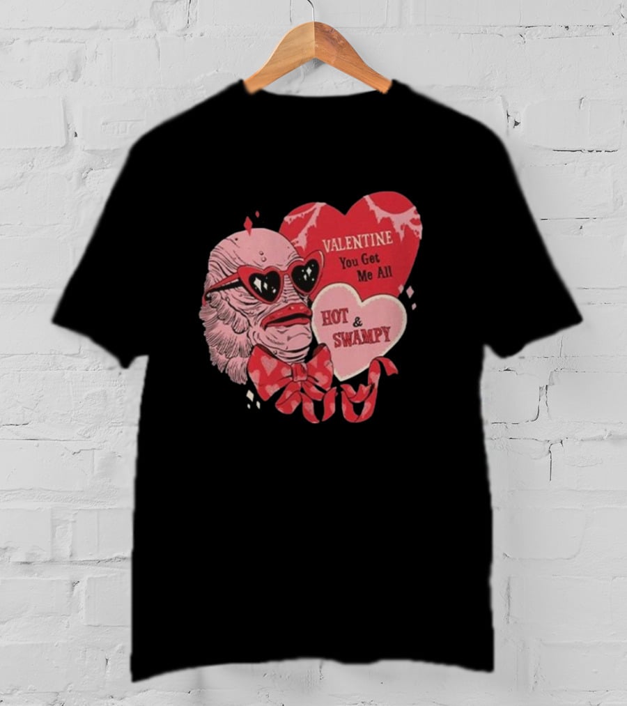 Valentine You Get Me All Hot And Swampy Creature With Heart Sunglasses And Bow Tie T-Shirt