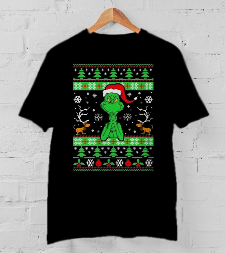 Grinch Santa Max Reindeer Trees Snowflakes Ugly Christmas T-Shirt