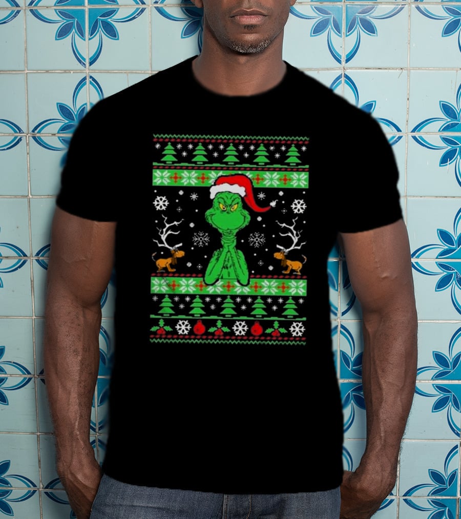 Grinch Santa Max Reindeer Trees Snowflakes Ugly Christmas T-Shirt