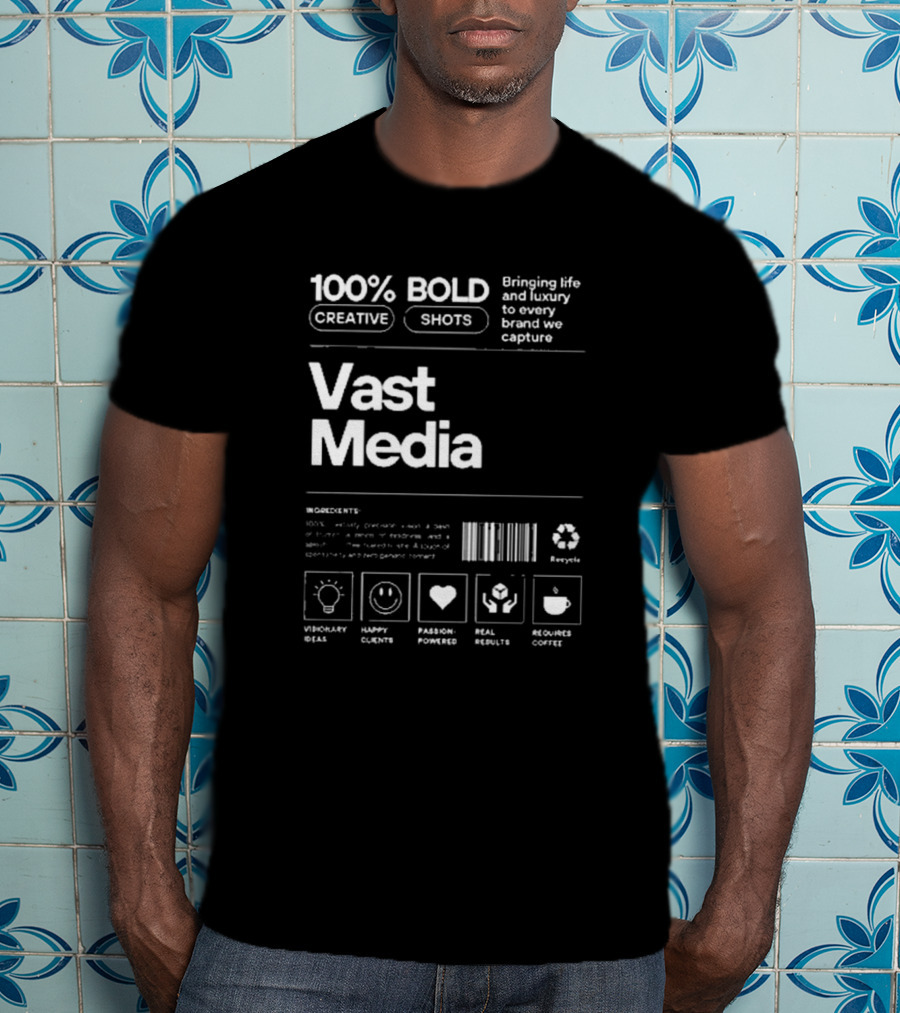 100% Bold Creative Shots Bringing Life And Luxury To Every Brand We Capture Vast Media Visionary Ideas Happy Clients Passion-Powered Real Results Requires Coffee T-Shirt