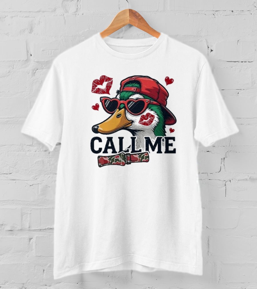 Call Me Valentine Mallard Duck In Sunglasses And Red Cap Surrounded By Hearts And Kisses T-Shirt