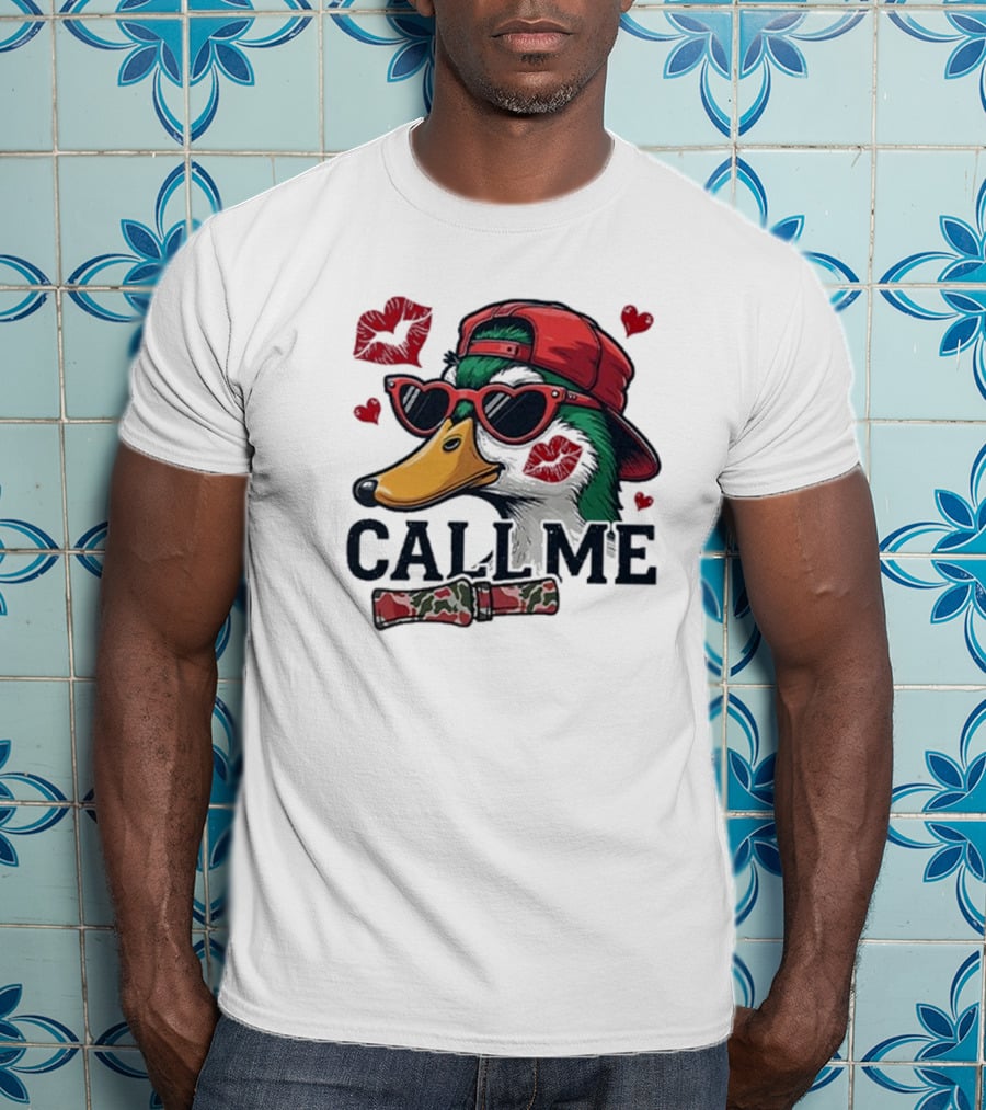 Call Me Valentine Mallard Duck In Sunglasses And Red Cap Surrounded By Hearts And Kisses T-Shirt