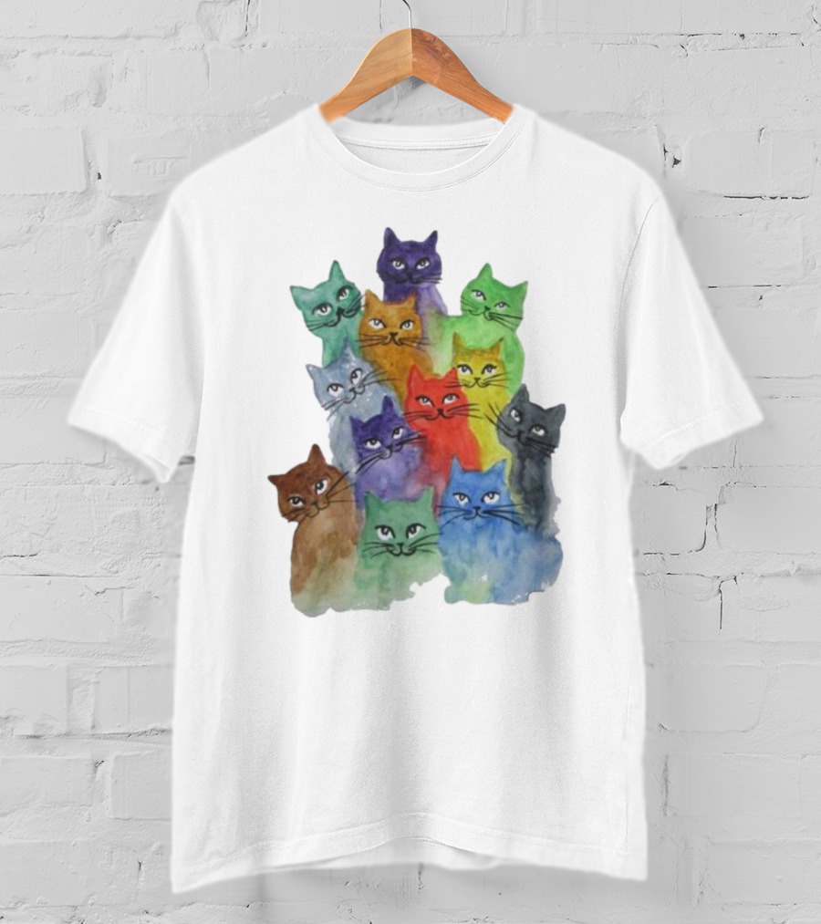 Cats All Around Colorful Watercolor Feline Faces T-Shirt