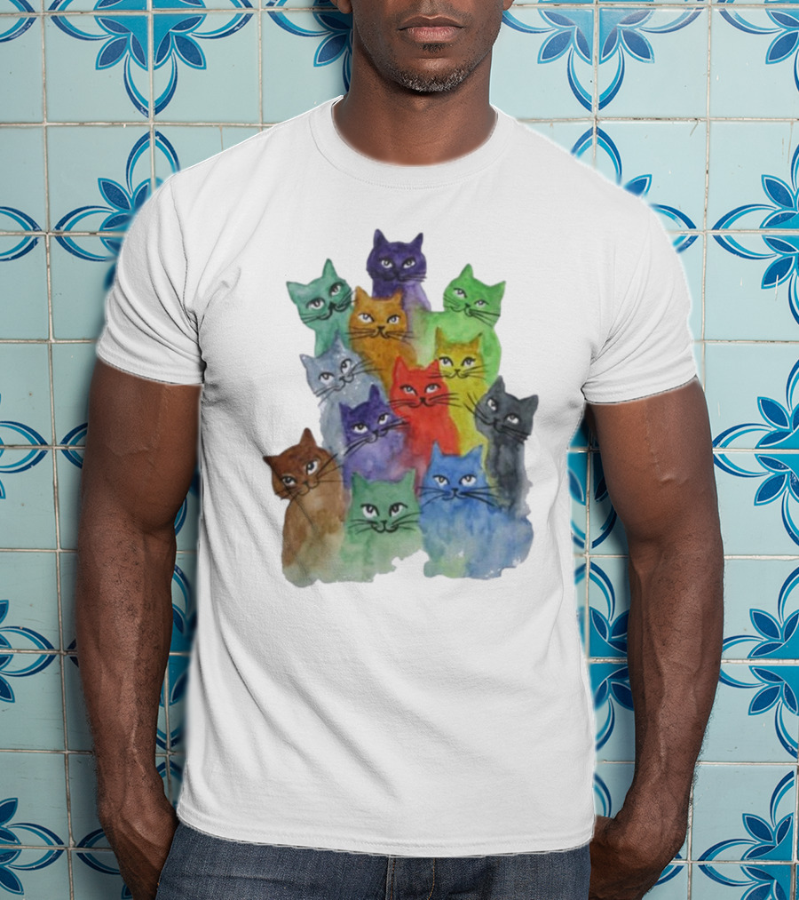 Cats All Around Colorful Watercolor Feline Faces T-Shirt