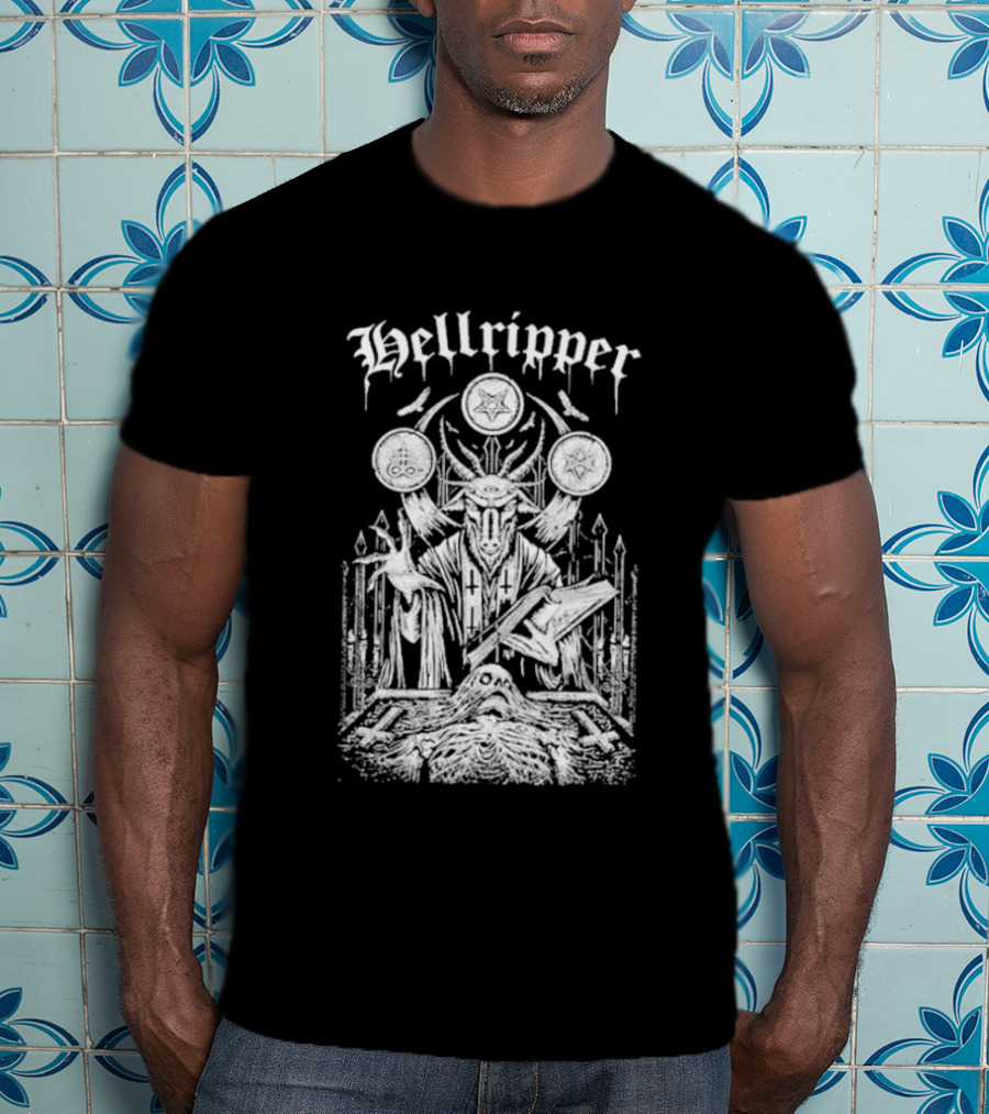 Hellripper Ritual Ceremonial Occult Imagery With Skulls And Antlers T-Shirt