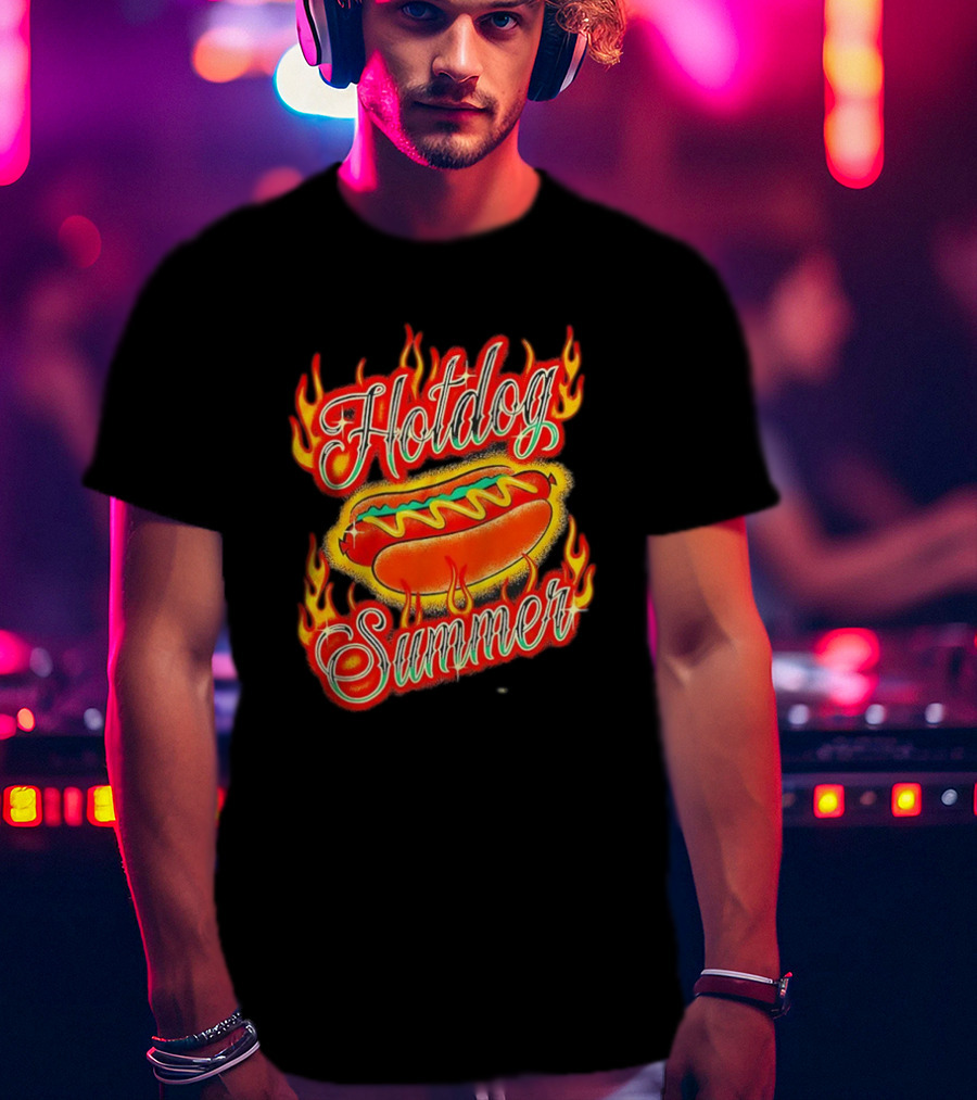 Hotdog Summer Flaming Hotdog Graphic With Fiery Flames T-Shirt