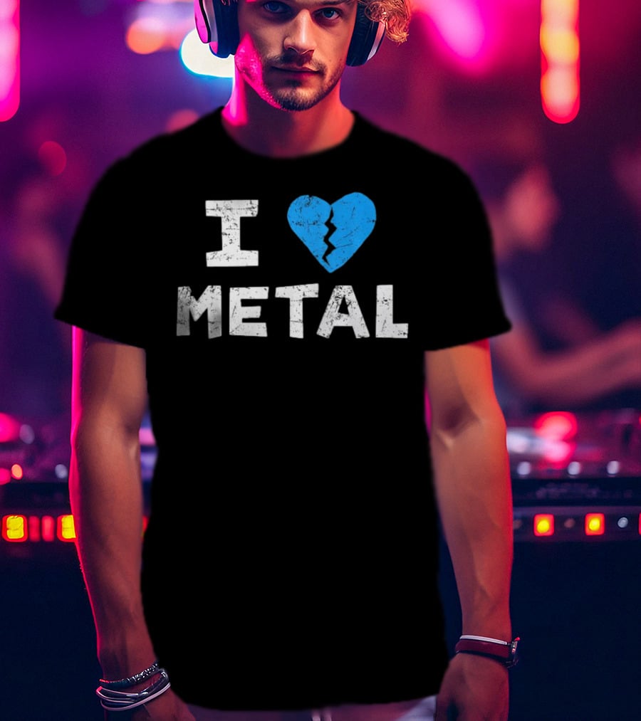 I Love Metal Broken Heart Blue Distressed Text T-Shirt