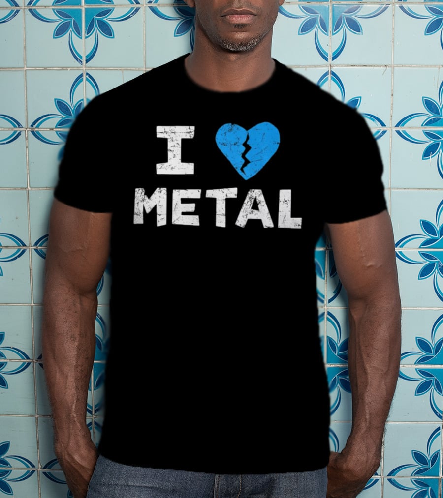 I Love Metal Broken Heart Blue Distressed Text T-Shirt