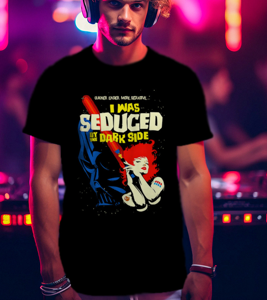 I Was Seduced By The Dark Side Cartoon Darth Vader And Redhead Woman T-Shirt
