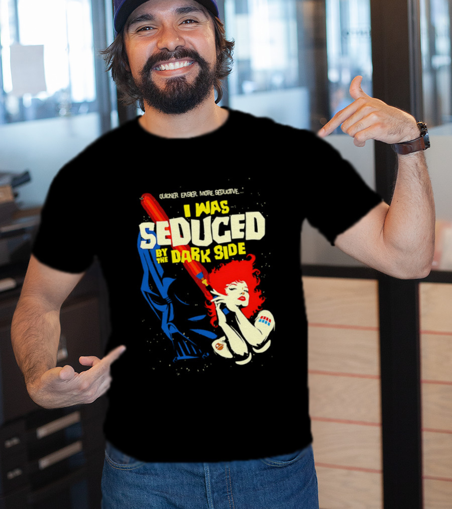 I Was Seduced By The Dark Side Cartoon Darth Vader And Redhead Woman T-Shirt